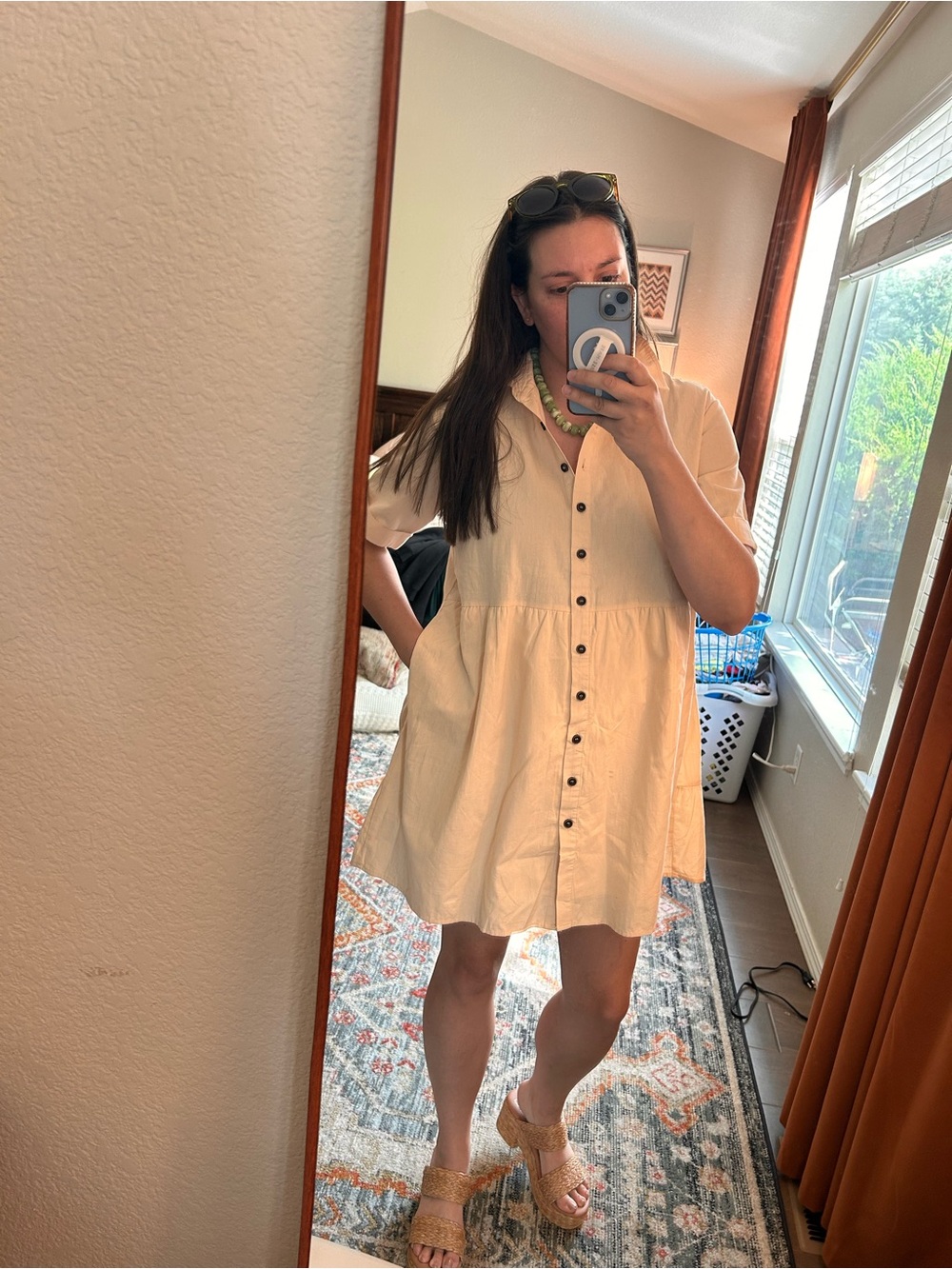 Cream Cotton Collared Babydoll Shirt dress w/ pockets | Cottagecore | Boho - Picture 1 of 5
